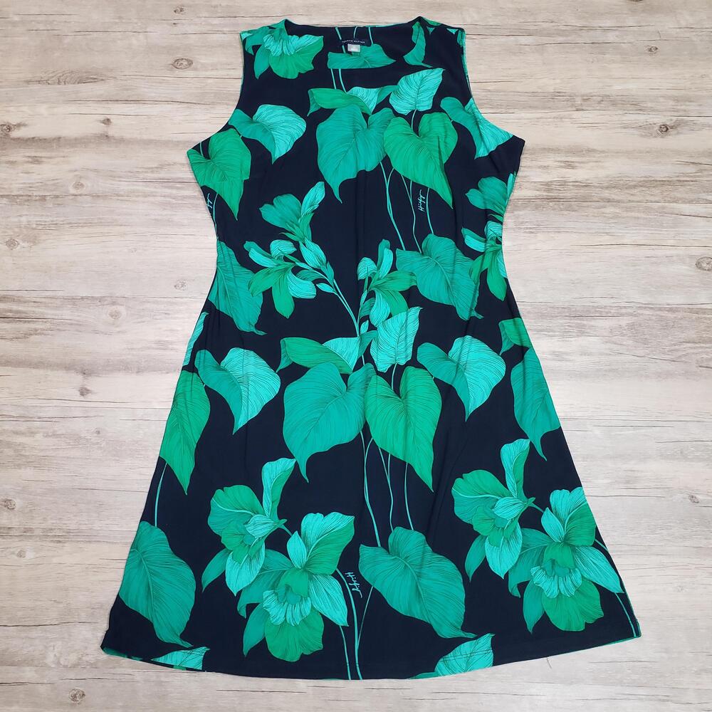 Tommy Hilfiger Dress Womens 10 Green Tropical Leaf A-Line Knee Length Sundress